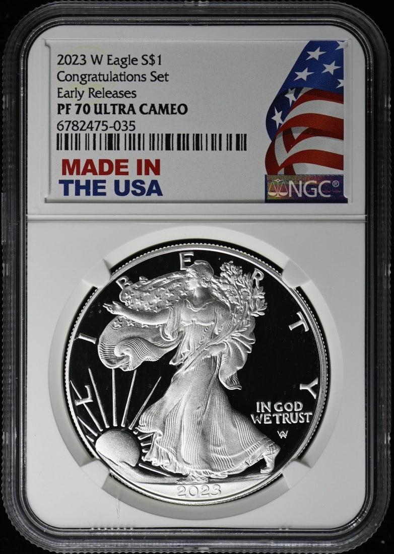 2023 S$1 Early Releases NGC PR70 Eagle Congratulations Set Coin: 2023 S$1 Early Releases NGC PR70 Eagle Congratulations Set Coin This is a 2023 W Eagle Silver Dollar from the Congratulations Set, certified by NGC with a grade of PR70DCAM. The coin is a proof issue,