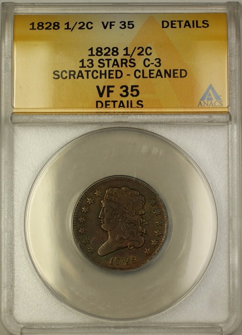 ANACS VF-35 Details 1828 Classic Head Half Cent Copper Coin Cleaned Scratched: ANACS VF-35 Details 1828 Classic Head Half Cent Copper Coin Cleaned Scratched This 1828 Classic Head Half Cent features the 13 Stars C-3 variety, minted in Philadelphia. Certified by ANACS with a grad