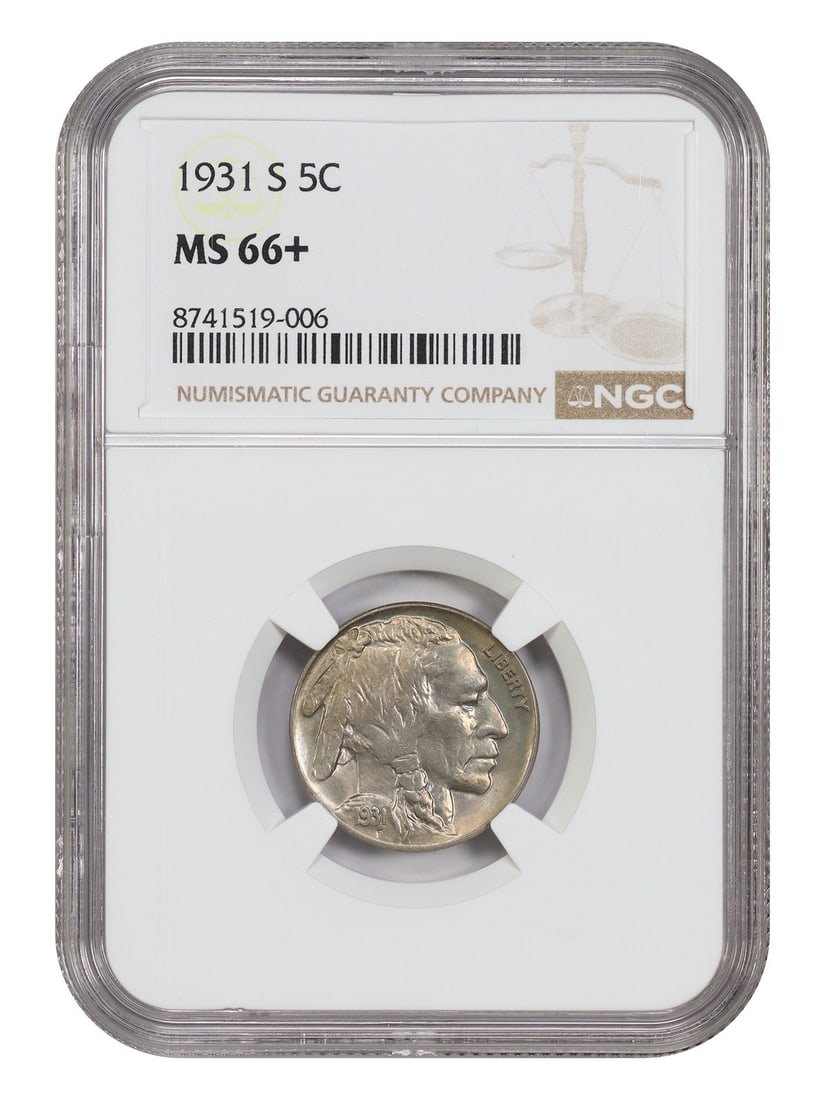 NGC MS66+ 1931-S Buffalo Nickel 5C: NGC MS66+ 1931-S Buffalo Nickel 5C 1931-S Buffalo Nickel graded MS66+ by NGC. This uncirculated 5C coin is from the San Francisco mint and is described as having lustrous, premium gem surfaces with pl