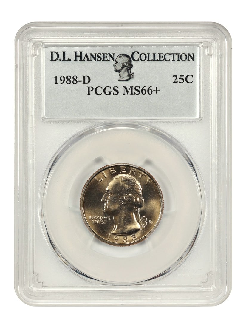 PCGS MS66+ 1988-D Washington Quarter 25C ex D.L. Hansen: PCGS MS66+ 1988-D Washington Quarter 25C ex D.L. Hansen An 1988-D Washington Quarter certified by PCGS and graded MS66+. It is an uncirculated Denver issue with orange-gold surfaces and bold, vibrant 