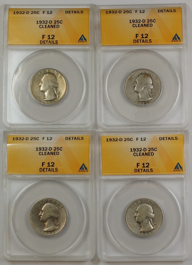 ANACS F-12 1932-D Silver Washington Quarter: ANACS F-12 1932-D Silver Washington Quarter This is a 1932-D Washington quarter, composed of silver and graded F-12 by ANACS. The coin was minted in Denver, is circulated, and has been certified by AN