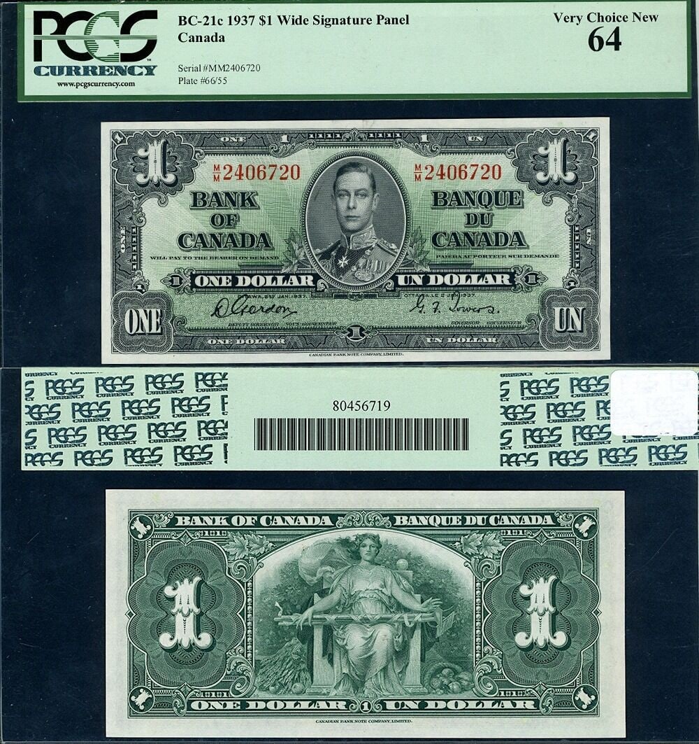1937 Canada 1 Dollar PCGS Choice CU64 Wide Sign Panel: 1937 Canada 1 Dollar PCGS Choice CU64 Wide Sign Panel This is a Canada Bank of Canada 1 Dollar banknote from 1937, catalogued as P# BC-21c. The note has been professionally graded as PCGS Choice CU64 
