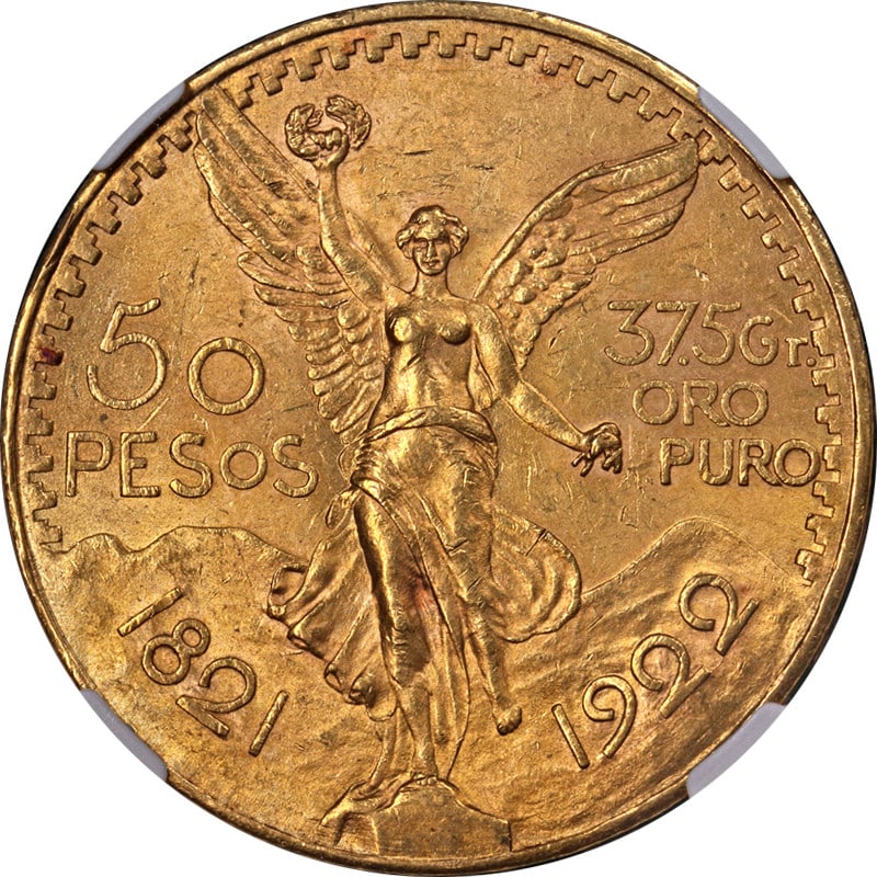 NGC MS62 1922 Gold 50 Peso Coin from Mexico: NGC MS62 1922 Gold 50 Peso Coin from Mexico This 1922 Mexico Gold 50 Peso coin is certified by NGC with a grade of MS62, indicating it is uncirculated and features great eye appeal, strong luster, and
