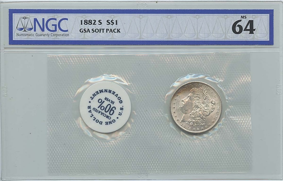NGC MS64 1882 San Francisco Morgan Dollar in GSA Soft Pack: NGC MS64 1882 San Francisco Morgan Dollar in GSA Soft Pack This 1882-S Morgan Dollar is presented in a GSA soft pack and has been graded MS64 by NGC. Struck in San Francisco, this uncirculated coin is