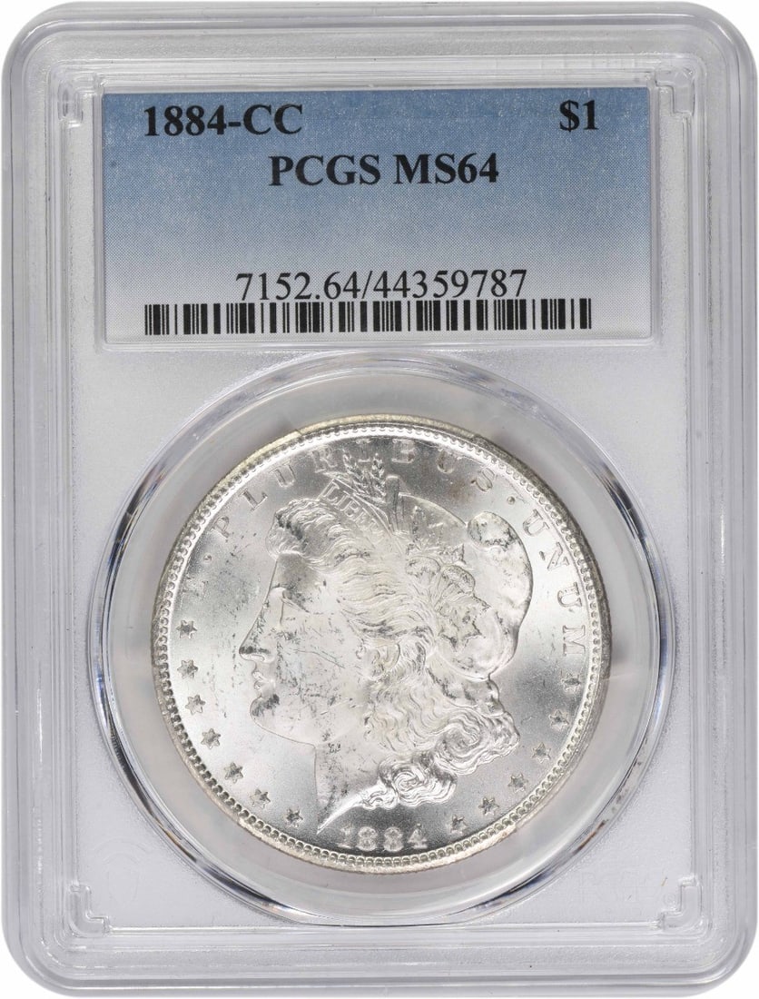 PCGS MS64 1884 CC Morgan Dollar Carson City: PCGS MS64 1884 CC Morgan Dollar Carson City An 1884-CC Morgan Silver Dollar graded MS64 by PCGS. This uncirculated coin is composed of 90% silver and 10% copper, with a reeded edge and the CC mint mar