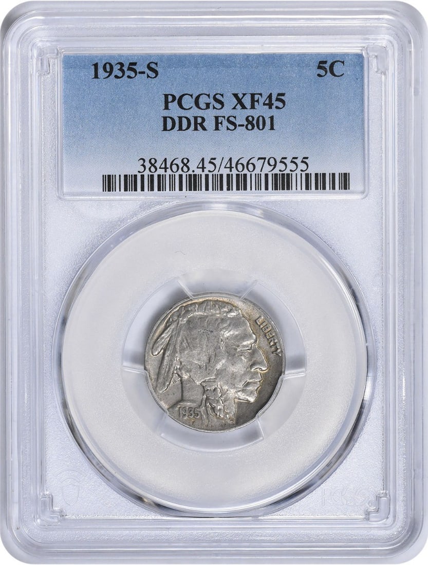 PCGS EF45 1935-S Buffalo Nickel DDR FS-801: PCGS EF45 1935-S Buffalo Nickel DDR FS-801 This is a 1935-S Buffalo Nickel featuring a doubled die reverse (DDR) with the FS-801 variety. Graded EF45 (Extremely Fine) by PCGS, this circulated coin is 