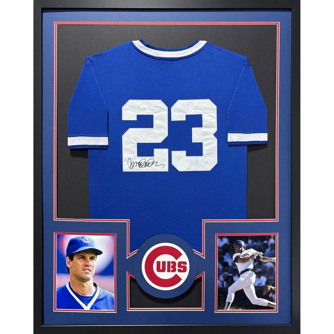 Framed Ryne Sandberg autographed blue jersey JSA authenticated: Framed Ryne Sandberg autographed blue jersey JSA authenticated This framed blue jersey features the authentic autograph of Ryne Sandberg and is presented with attention to detail in both the framing a