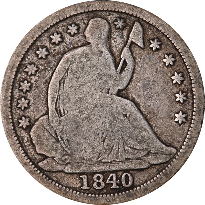 Silver 1840-O Half Dime United States Seated Liberty No Drapery New Orleans Mint: Silver 1840-O Half Dime United States Seated Liberty No Drapery New Orleans Mint This is an 1840-O Seated Liberty Half Dime featuring the 'No Drapery' design. Minted in New Orleans, this circulated co