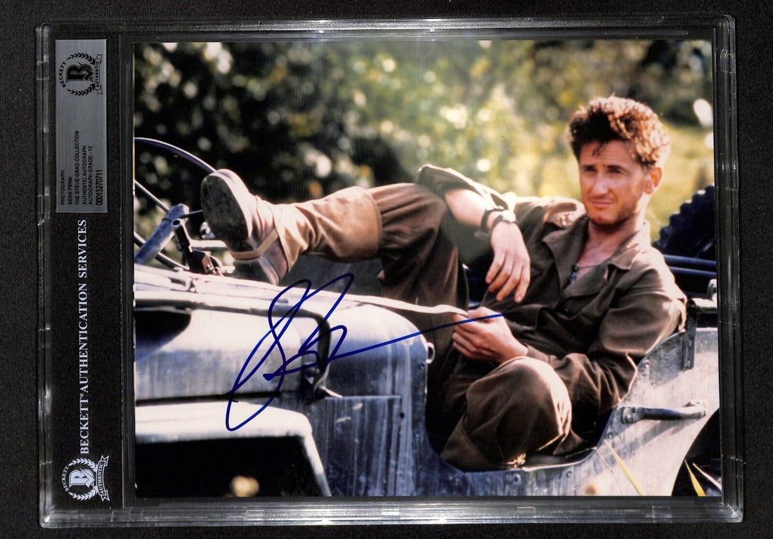 Sean Penn Signed 8x10 Photo The Thin Red Line BAS 10: Sean Penn Signed 8x10 Photo The Thin Red Line BAS 10 This autographed 8x10 color photograph features Sean Penn as 1st Sgt. Welsh from the acclaimed movie The Thin Red Line. The photograph is signed in