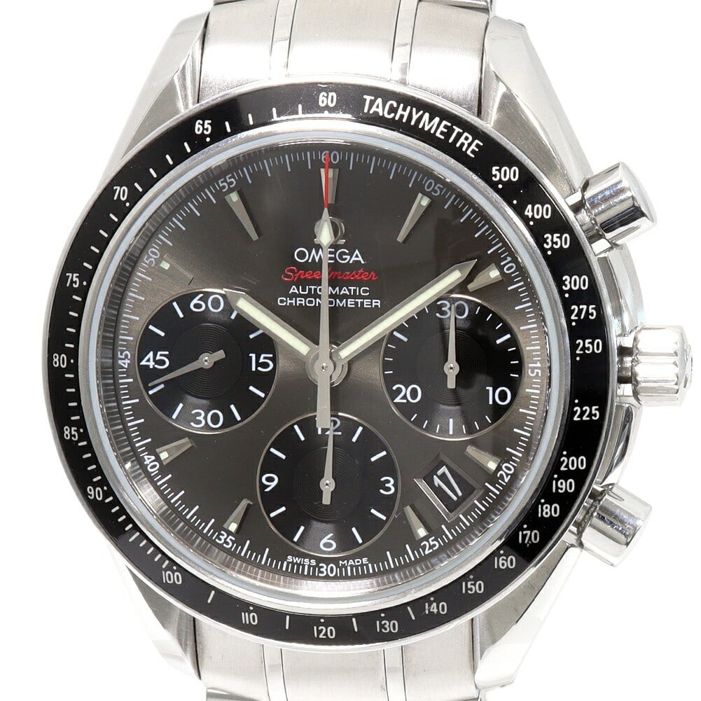 OMEGA Speedmaster Date 323.30.40.40.06.001 Stainless Steel Chronograph Watch: OMEGA Speedmaster Date 323.30.40.40.06.001 Stainless Steel Chronograph Watch This OMEGA Speedmaster Date men's wristwatch, model 323.30.40.40.06.001, features a stainless steel case and band with a bl