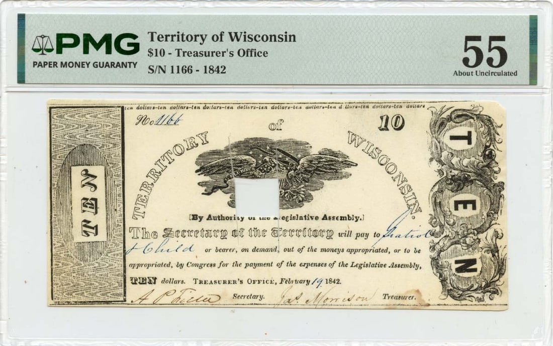 1842 Wisconsin Territory $10 Obsolete Note PMG AU55: 1842 Wisconsin Territory $10 Obsolete Note PMG AU55 This is an 1842 $10 obsolete note issued by the Territory of Wisconsin, originating from the Treasurer's Office. The note has been certified by PMG 