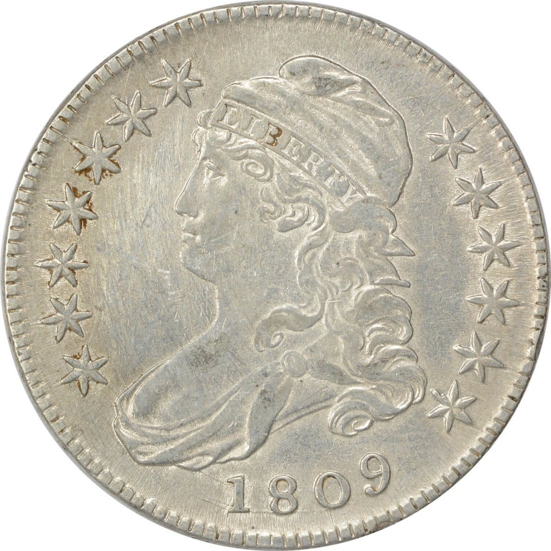 1809 Bust Half Dollar XF John Reich 50C Uncertified Coin: 1809 Bust Half Dollar XF John Reich 50C Uncertified Coin This 1809 Bust Half Dollar is a remarkable piece of history, featuring the classic design by John Reich. It is a circulated coin from the Phila