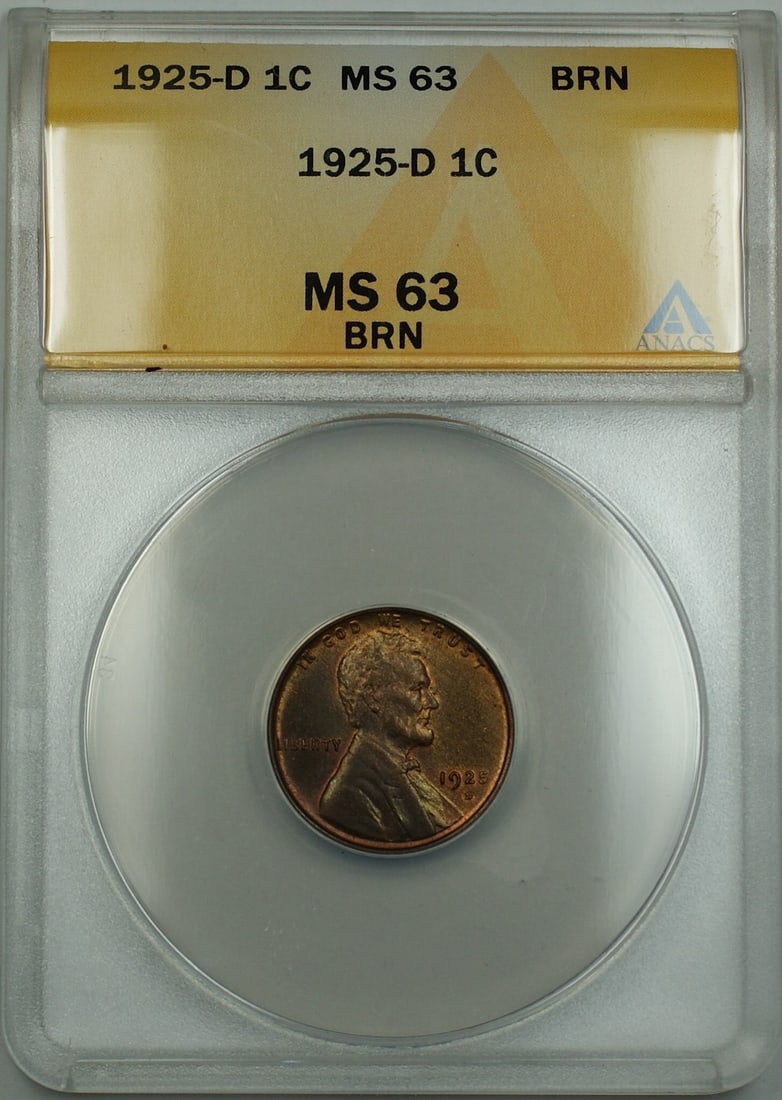 ANACS MS-63 Brown 1925-D Lincoln Wheat Cent Copper Coin: ANACS MS-63 Brown 1925-D Lincoln Wheat Cent Copper Coin This is a 1925-D Lincoln Wheat Cent certified by ANACS with a grade of MS-63 Brown. The coin is composed of copper and was minted in Denver. It 