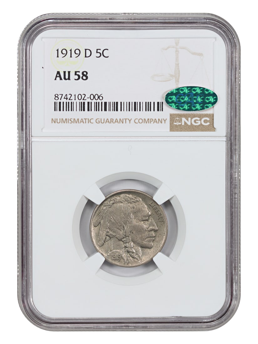 Buffalo Nickel 1919-D 5C NGC CAC AU58: Buffalo Nickel 1919-D 5C NGC CAC AU58 1919-D Buffalo Nickel graded AU58 by NGC with CAC approval. This Denver Mint example is described as lustrous and fully original, and is noted as a fantastic exam