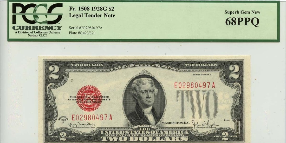 1928G $2 Legal Tender Note FR#1508 PCGS MS68 Superb Gem: 1928G $2 Legal Tender Note FR#1508 PCGS MS68 Superb Gem This 1928G $2 Legal Tender Note, certified by PCGS, is graded as a Superb Gem 68PPQ, indicating its exceptional quality and pristine condition. 