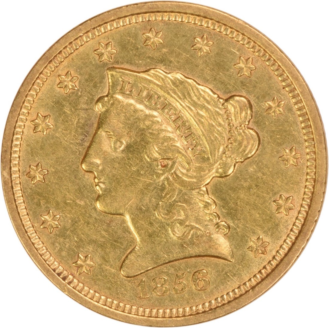 1856 Liberty Head $2.50 Gold Coin AU Grade Philadelphia Mint Uncertified: 1856 Liberty Head $2.50 Gold Coin AU Grade Philadelphia Mint Uncertified This 1856 $2.50 Liberty Head gold coin, minted in Philadelphia, features the classic design by Christian Gobrecht. Composed of 