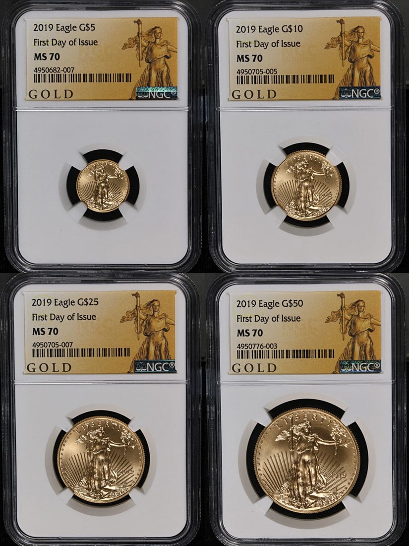NGC MS70 2019 American Eagle Gold Four Coin Set Brown Label: NGC MS70 2019 American Eagle Gold Four Coin Set Brown Label This is an original 2019 Gold American Eagle 4 Coin Set, each coin certified by NGC with a perfect MS70 grade and a Brown Label. The set is 