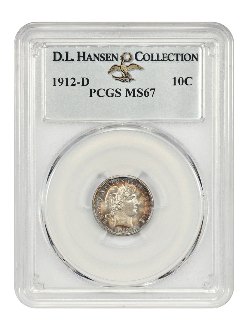 PCGS MS67 1912-D Barber Dime 10C ex D.L. Hansen: PCGS MS67 1912-D Barber Dime 10C ex D.L. Hansen This 1912-D Barber Dime is certified by PCGS and graded MS67. It is an uncirculated Denver issue with certification number 34533907. The coin is describ