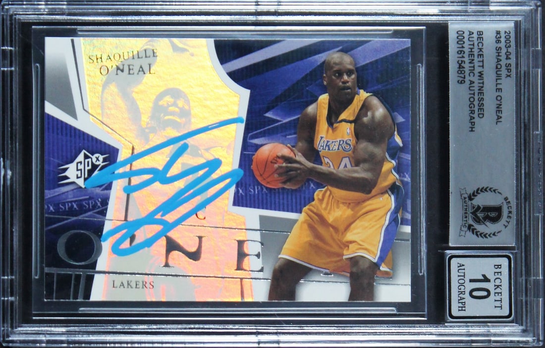 Shaquille O'Neal Signed 2003 SPX Card Beckett Slabbed Gem Mint 10 Auto: Shaquille O'Neal Signed 2003 SPX Card Beckett Slabbed Gem Mint 10 Auto This is an original 2003 SPX #36 basketball card personally signed by Shaquille O'Neal of the Los Angeles Lakers. The card featur