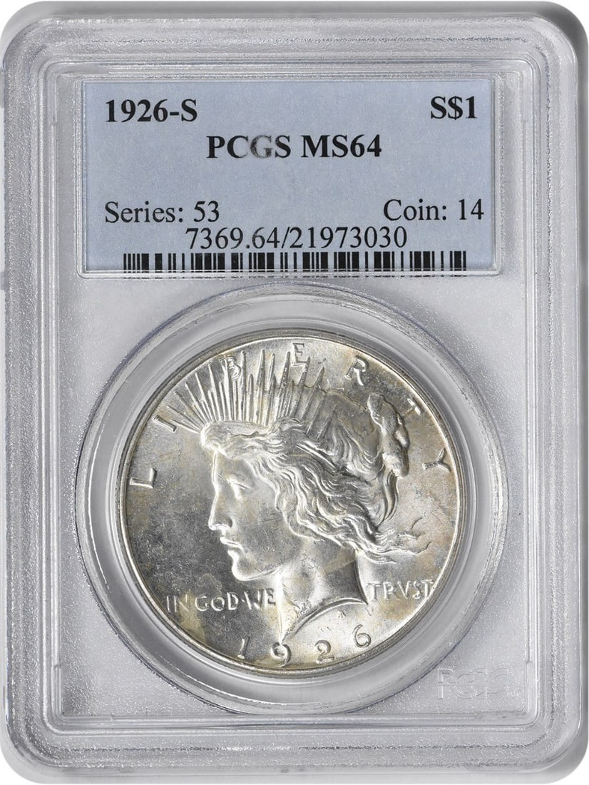 1926-S Peace Silver Dollar MS64 PCGS Uncirculated Coin: 1926-S Peace Silver Dollar MS64 PCGS Uncirculated Coin This 1926-S Peace Silver Dollar is a remarkable piece of numismatic history, certified by PCGS with a grade of MS64. Minted in San Francisco, thi