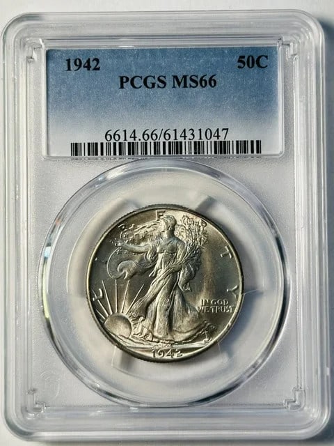1942 Philadelphia Walking Liberty Half Dollar PCGS MS-66 Silver: 1942 Philadelphia Walking Liberty Half Dollar PCGS MS-66 Silver This 1942 Walking Liberty Half Dollar was minted in Philadelphia and has been graded MS-66 by PCGS. Composed of silver, this uncirculate