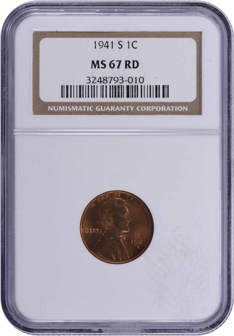 NGC MS67RD 1941 San Francisco Lincoln Wheat Cent Large S Copper Coin: NGC MS67RD 1941 San Francisco Lincoln Wheat Cent Large S Copper Coin This 1941-S Lincoln Wheat Cent is certified MS67RD by NGC. Struck at the San Francisco Mint, it is composed of copper and features 