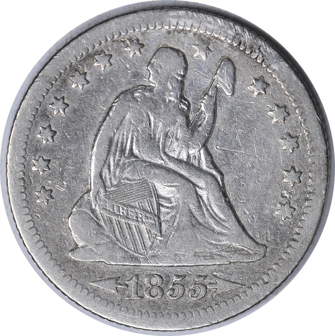 1855 O Seated Liberty 25C Silver Quarter VF Uncertified: 1855 O Seated Liberty 25C Silver Quarter VF Uncertified 1855-O Liberty Seated Silver Quarter with arrows, graded VF and offered uncertified. This circulated pre-owned coin is a United States 25C Seate