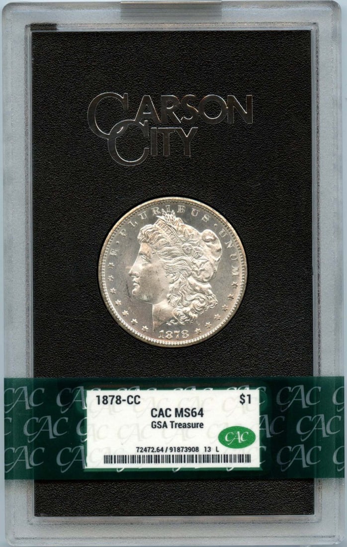GSA Hoard 1878 Carson City Morgan Silver Dollar MS64 CACG Certified: GSA Hoard 1878 Carson City Morgan Silver Dollar MS64 CACG Certified This 1878-CC Morgan Dollar from the GSA Hoard is certified by CACG with a grade of MS64 and is further distinguished by a CAC sticke