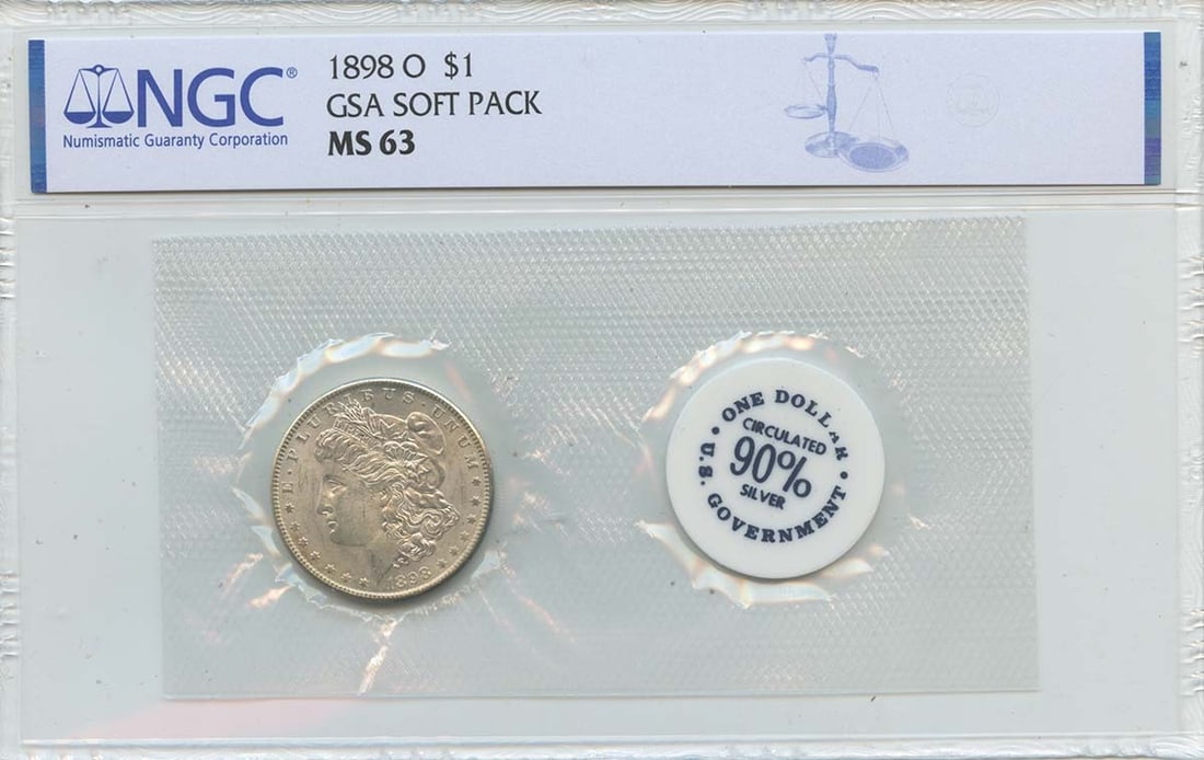 NGC MS63 1898-O Morgan Dollar in GSA Soft Pack: NGC MS63 1898-O Morgan Dollar in GSA Soft Pack This 1898-O Morgan Dollar is presented in a GSA soft pack and has been certified by NGC with a grade of MS63. Struck at the New Orleans Mint, this uncirc