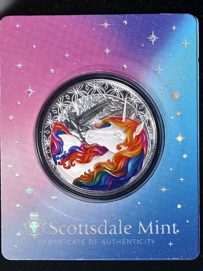 2025 Fiji Unicorn Blossom 1 Ounce Silver Dollar Card OGP: 2025 Fiji Unicorn Blossom 1 Ounce Silver Dollar Card OGP This is an original 2025 Fiji 1 Ounce Silver $1 Unicorn Blossom Edition coin, presented in its original government packaging (OGP) with card. T