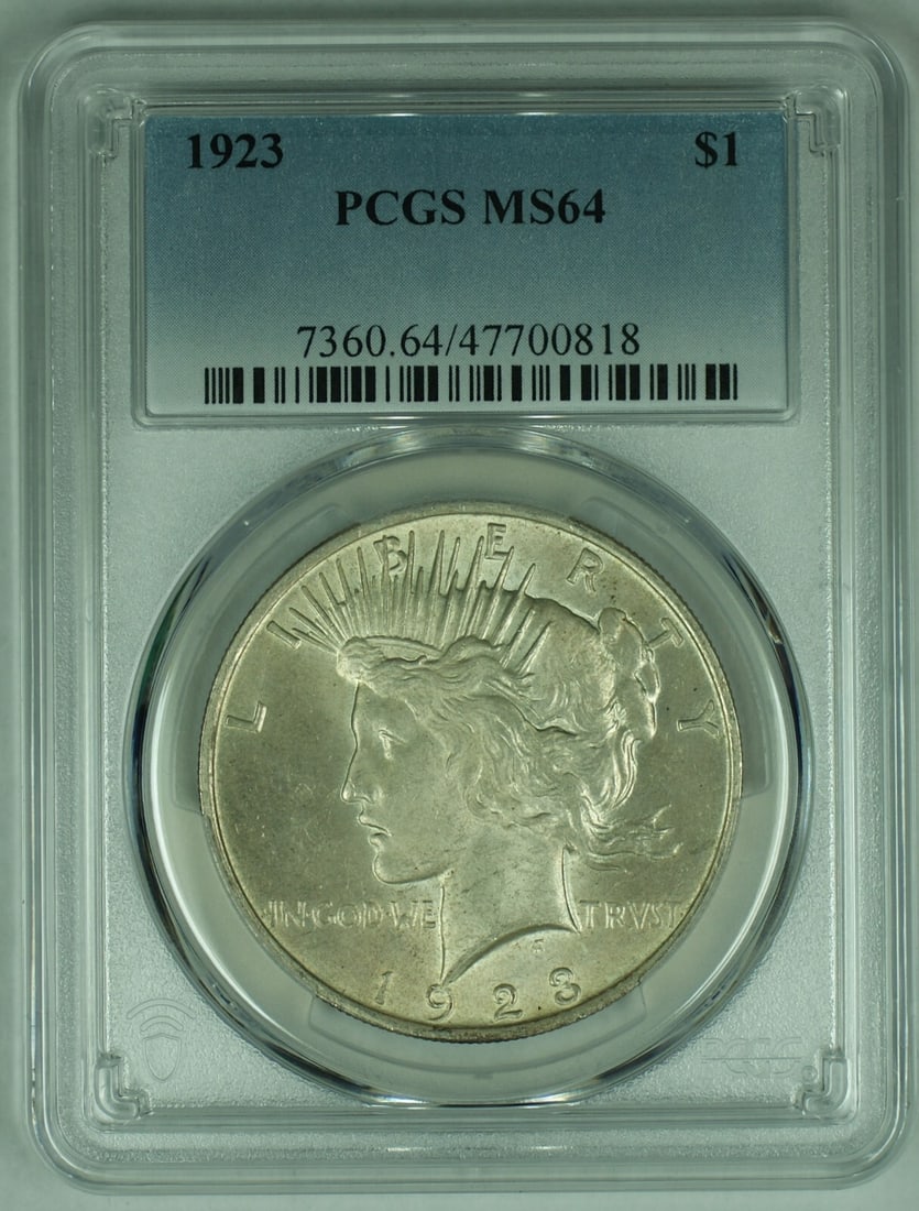PCGS MS 64 1923 Peace Silver Dollar Uncirculated $1 Coin: PCGS MS 64 1923 Peace Silver Dollar Uncirculated $1 Coin This is a 1923 Peace Silver Dollar coin from the United States, featuring a denomination of $1. The coin is uncirculated and composed of silver
