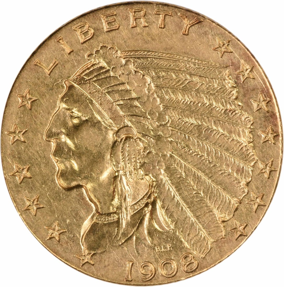 1908 Indian Head Quarter Eagle Gold Coin EF Philadelphia Uncertified: 1908 Indian Head Quarter Eagle Gold Coin EF Philadelphia Uncertified This 1908 $2.50 Gold Indian coin was minted in Philadelphia and designed by Bela Lyon Pratt. It features a composition of 90% gold 