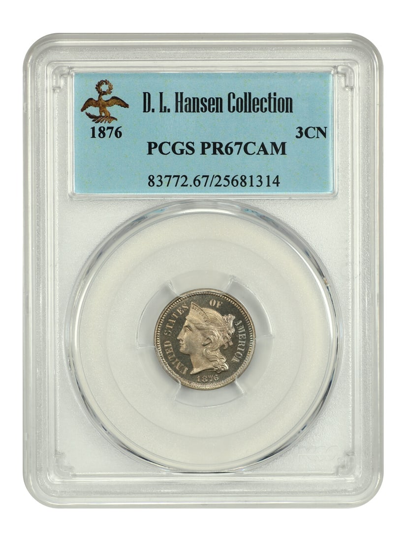 PCGS PR67CAM 1876 Three Cent Nickel 3CN ex D.L. Hansen: PCGS PR67CAM 1876 Three Cent Nickel 3CN ex D.L. Hansen An 1876 Three Cent Nickel proof coin graded PR67CAM by PCGS. It is a beautifully contrasted gem from a mintage of just 1,150 proofs struck, with 