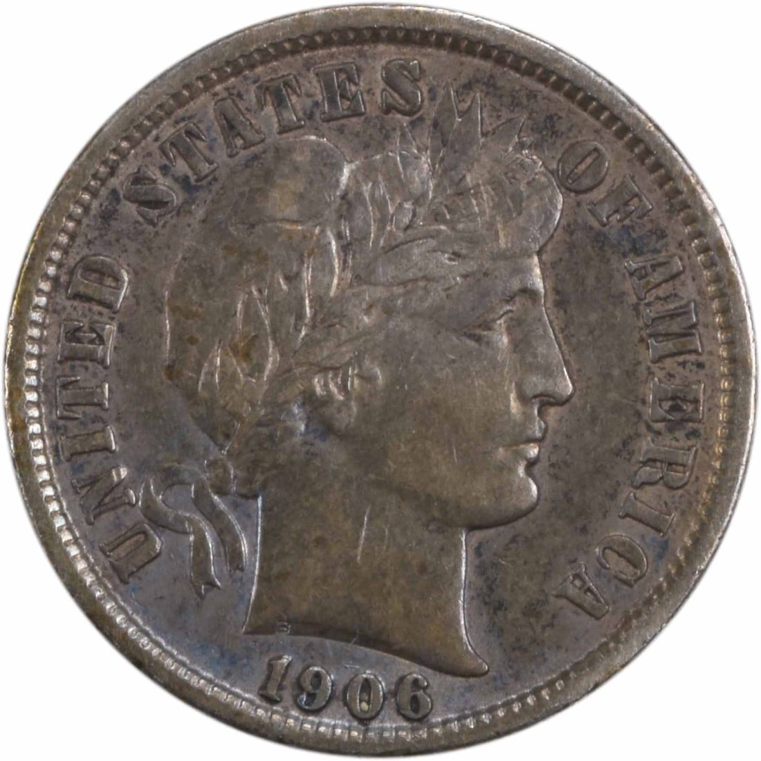 1906-O Barber Silver Dime 10C XF Uncertified Coin by Charles E Barber: 1906-O Barber Silver Dime 10C XF Uncertified Coin by Charles E Barber This 1906-O Barber Silver Dime, a classic piece of American numismatics, features a design by Charles E. Barber. The coin is circu