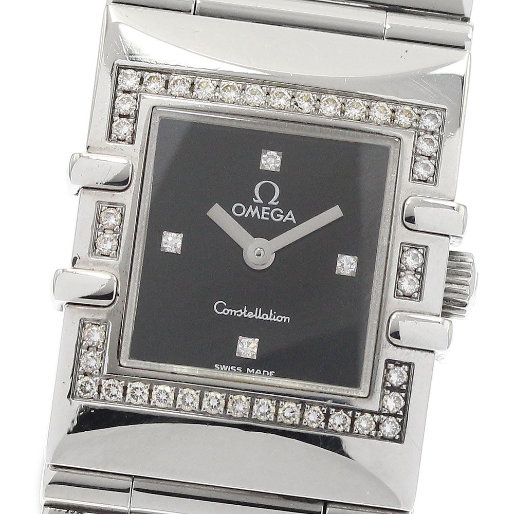 Omega Constellation Carre Quadra black dial quartz ladies watch: Omega Constellation Carre Quadra black dial quartz ladies watch This OMEGA Constellation Carre Quadra women's wristwatch features a stainless steel case and bracelet, complemented by a black dial. The