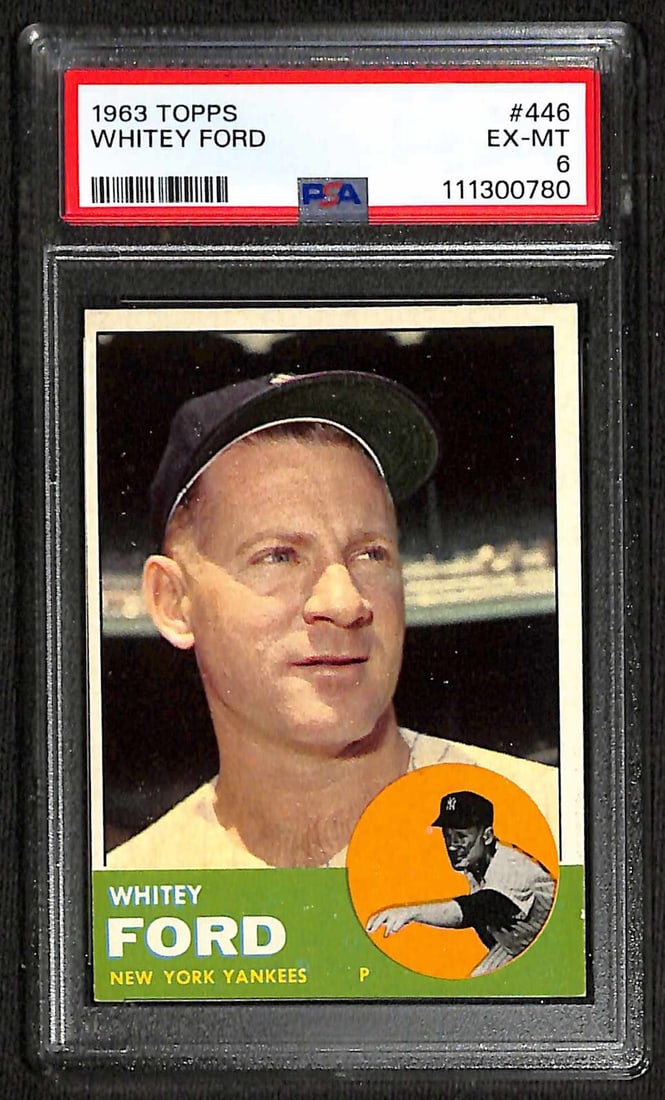 1963 Topps #446 Whitey Ford Yankees HOF PSA 6 Baseball Card: 1963 Topps #446 Whitey Ford Yankees HOF PSA 6 Baseball Card Presenting a classic piece of baseball history, the 1963 Topps #446 Whitey Ford trading card. Graded PSA 6 (EX/MT), this original card showc