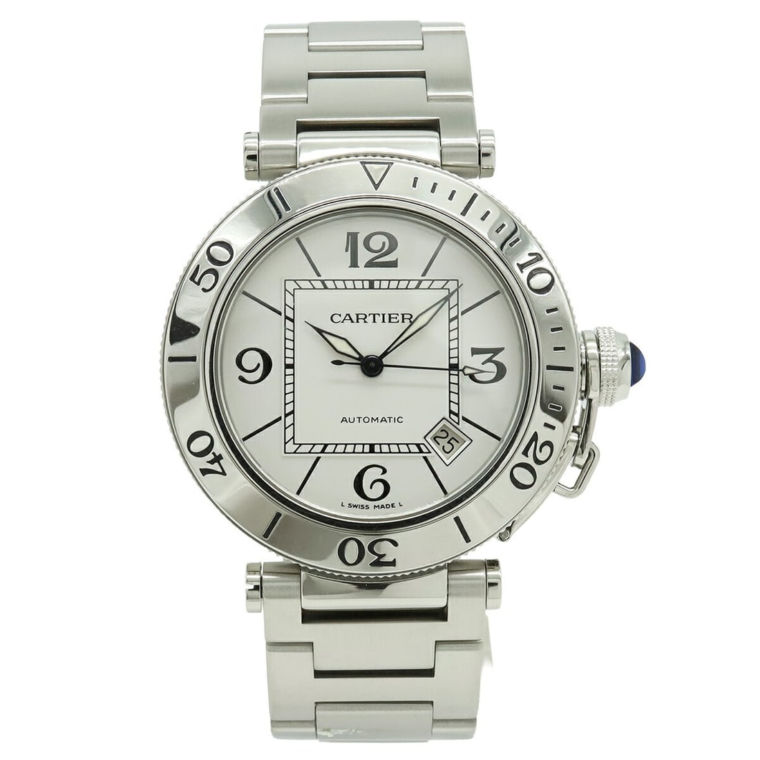 Cartier Pasha Seatimer Automatic Men's Stainless Steel Watch Silver Dial: Cartier Pasha Seatimer Automatic Men's Stainless Steel Watch Silver Dial This is a pre-owned Cartier Pasha Seatimer W31080M7 automatic wristwatch designed for men. It features a silver dial and a stai