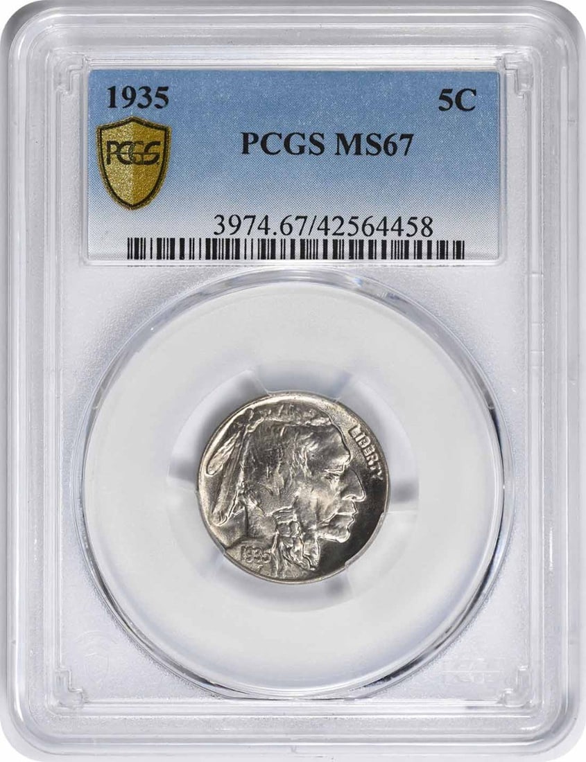 PCGS MS67 1935 Buffalo 5C Nickel: PCGS MS67 1935 Buffalo 5C Nickel This is a 1935 Buffalo nickel from the United States, graded MS67 by PCGS. The coin is composed of nickel and is uncirculated, featuring no mint mark. It represents th