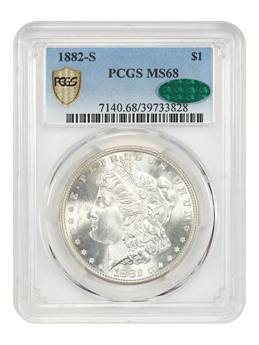 PCGS CAC MS68 1882-S Morgan Silver Dollar $1 Coin: PCGS CAC MS68 1882-S Morgan Silver Dollar $1 Coin An 1882-S Morgan Dollar $1 graded MS68 by PCGS and approved by CAC. Minted in San Francisco, this uncirculated coin is described as a popular type coi