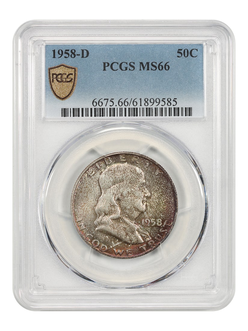 PCGS MS66 1958-D Franklin Half Dollar 50C: PCGS MS66 1958-D Franklin Half Dollar 50C 1958-D Franklin Half Dollar graded MS66 by PCGS. The coin is a 50C denomination piece from the Denver mint and is listed as uncirculated. Certification number
