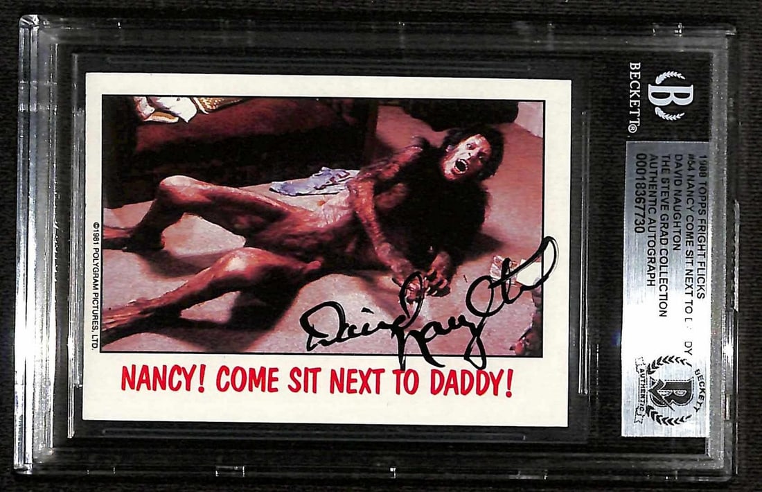 Beckett Slabbed 1989 Topps Fright Flicks Card Signed by David Naughton: Beckett Slabbed 1989 Topps Fright Flicks Card Signed by David Naughton This is a 1989 Topps Fright Flicks trading card featuring an image from the film "An American Werewolf in London." The card has b