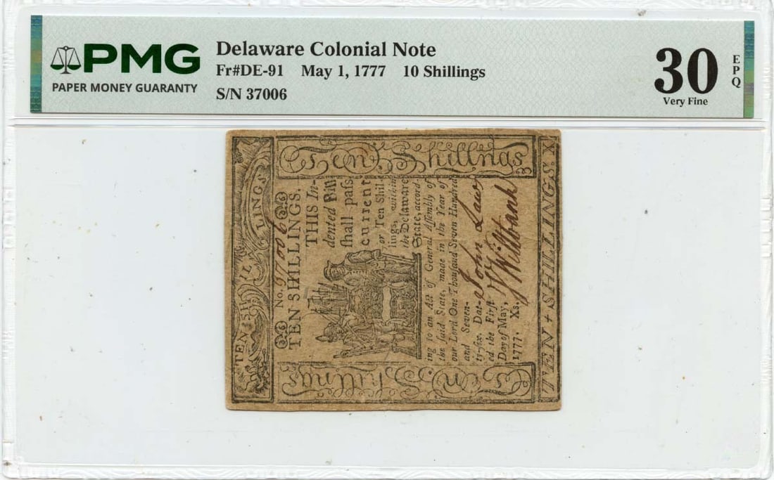 Delaware 1777 Ten Shillings Colonial Currency PMG VF30 EPQ: Delaware 1777 Ten Shillings Colonial Currency PMG VF30 EPQ This is a Delaware Colonial Note dated May 1, 1777, with a denomination of 10 shillings. The note has been certified by PMG with a grade of V