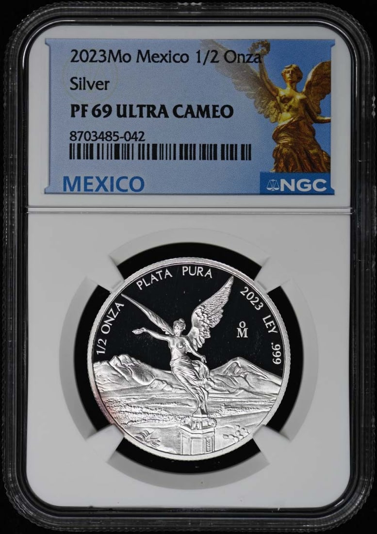 Mexico 2023 Silver Half Ounce NGC PR69DCAM: Mexico 2023 Silver Half Ounce NGC PR69DCAM This is a 2023 Mexico 1/2 Onza silver coin graded PR69 by NGC. The coin is uncirculated and comes with official NGC certification, making it a desirable addi