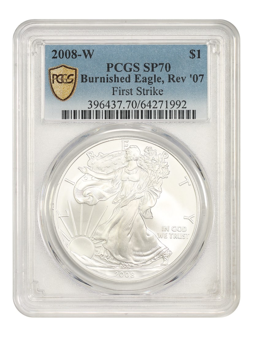 PCGS SP70 2008-W Silver Eagle $1 Burnished First Strike: PCGS SP70 2008-W Silver Eagle $1 Burnished First Strike 2008-W $1 Silver Eagle graded SP70 by PCGS. This burnished West Point issue is identified as the Reverse of 2007 and First Strike. It is a pre-o