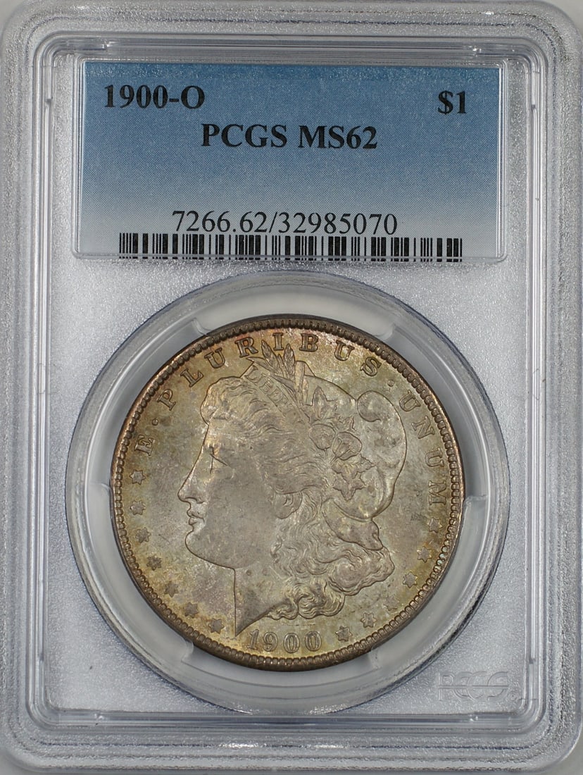 PCGS MS62 1900-O Morgan Silver Dollar Toned: PCGS MS62 1900-O Morgan Silver Dollar Toned This 1900-O Morgan Silver Dollar is a $1 coin from the United States, minted in New Orleans. Certified and graded MS-62 by PCGS, it is composed of 90% silve