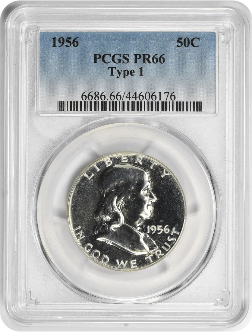 1956 Franklin Half Dollar PR66 PCGS 90% Silver Proof Coin: 1956 Franklin Half Dollar PR66 PCGS 90% Silver Proof Coin The 1956 Franklin Silver Half Dollar is a classic collectible, graded PR66 by PCGS, indicative of its exceptional quality. This uncirculated c