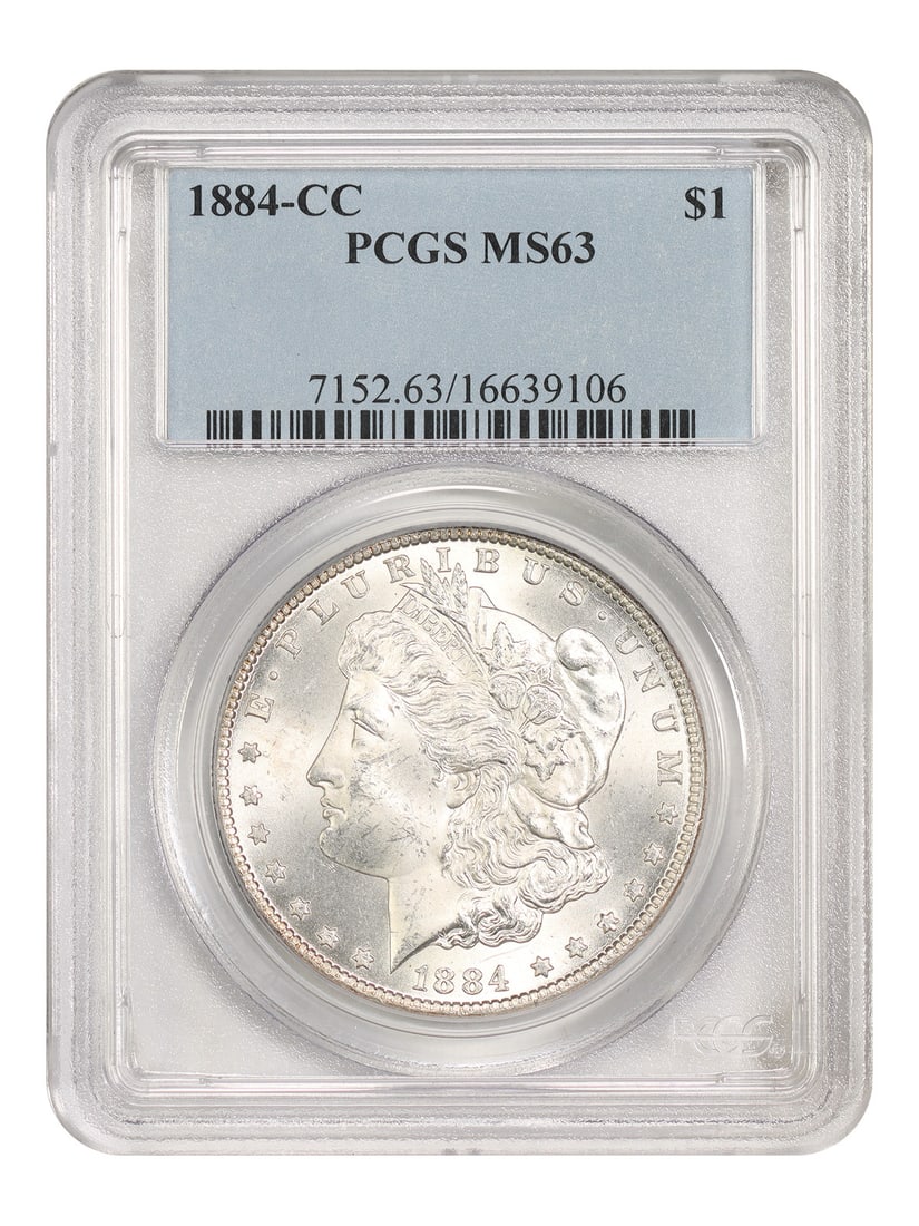 PCGS MS63 1884-CC Morgan Dollar Carson City $1 Coin: PCGS MS63 1884-CC Morgan Dollar Carson City $1 Coin 1884-CC Morgan Dollar $1 certified by PCGS with an MS63 grade. This Carson City issue is uncirculated and identified as one of the more common CC-mi