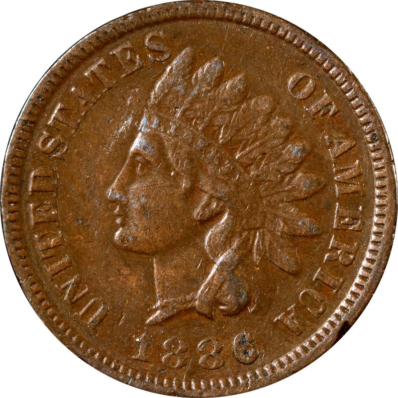 1886 Copper Indian Head Cent: 1886 Copper Indian Head Cent This 1886 Type 1 Indian Cent is a circulated coin from the United States, made of copper. It is an uncertified, pre-owned collectible, offering a piece of American numisma