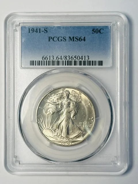 PCGS MS-64 1941 S Walking Liberty Half Dollar: PCGS MS-64 1941 S Walking Liberty Half Dollar This 1941 Walking Liberty Half Dollar is composed of silver and has been graded MS 64 by PCGS, indicating an uncirculated condition. Minted in San Francis