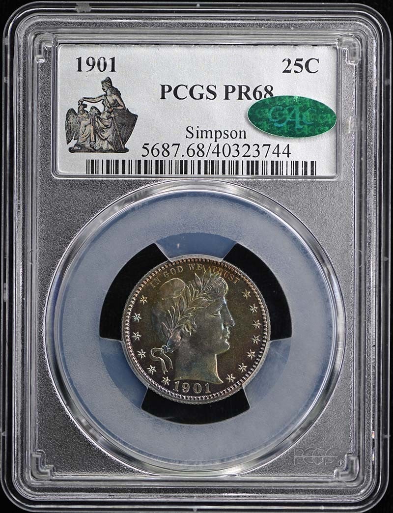 1901 Barber Quarter PCGS PR68 CAC: 1901 Barber Quarter PCGS PR68 CAC This is a 1901 Barber Quarter graded PR68 by PCGS, with an additional CAC designation. The coin is a proof strike and is uncirculated, originating from the Philadelph